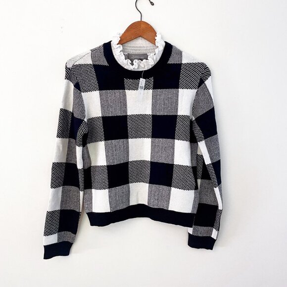 NWT Anthropologie Black & White Buffalo Check Collared Knit Pullover, Size S - Picture 2 of 6